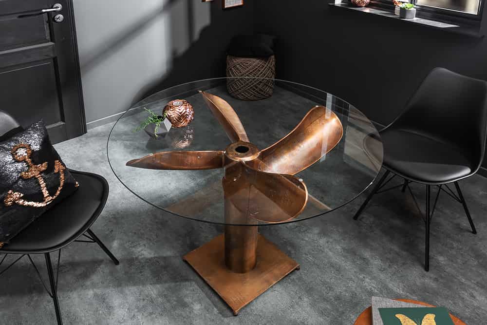Maritimer Esstisch OCEAN 105cm kupfer geflammt Glastisch mit Schiffsschraube