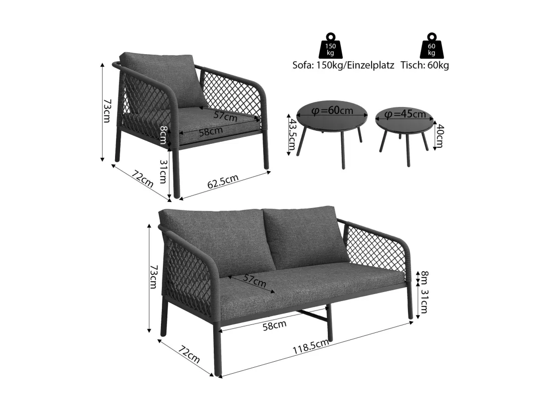 Salon de jardin ergonomique, un canapé 2 places + 2 fauteuils + tables gigognes en verre, avec coussins gris