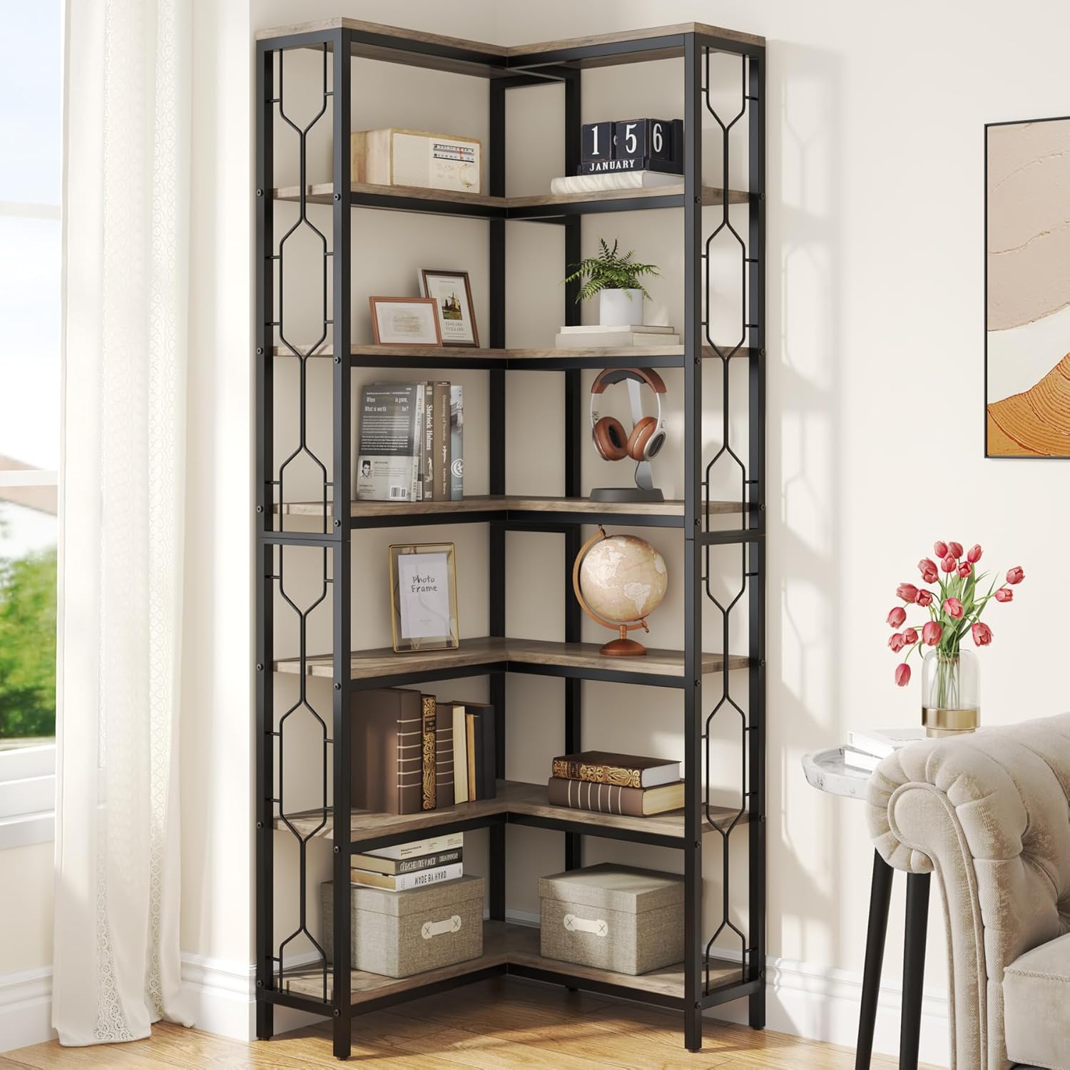 Tribesigns Eck-Bücherregal, 7-stöckiges Industrielles Eckregal, Holz und Metall Ecke Etagere Bücherregal, Freistehendes Lagerregal für Wohnzimmer, Küche, Home Office (Grau)
