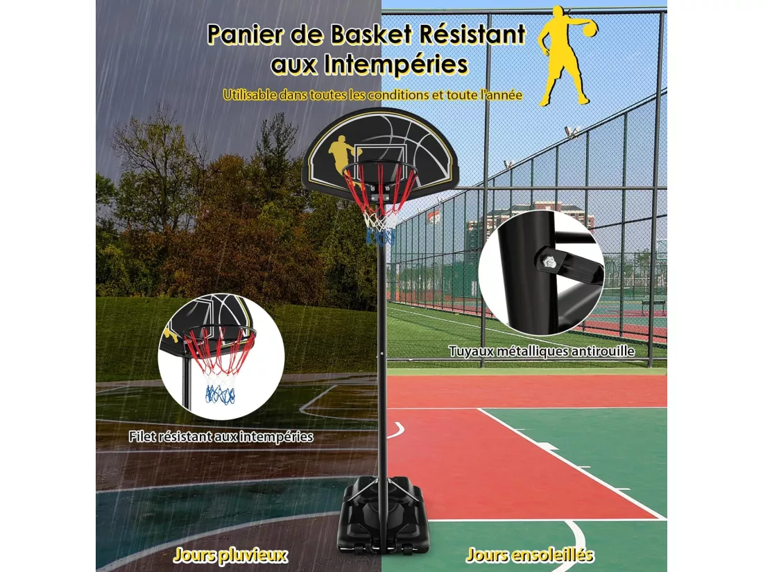 Panier de Basket-Ball sur Pieds avec Hauteur Réglable 130-305cm, Support de Basket Portable avec Roues et Base Rechargeable, Résistant aux Intempéries, Intérieure & Extérieure