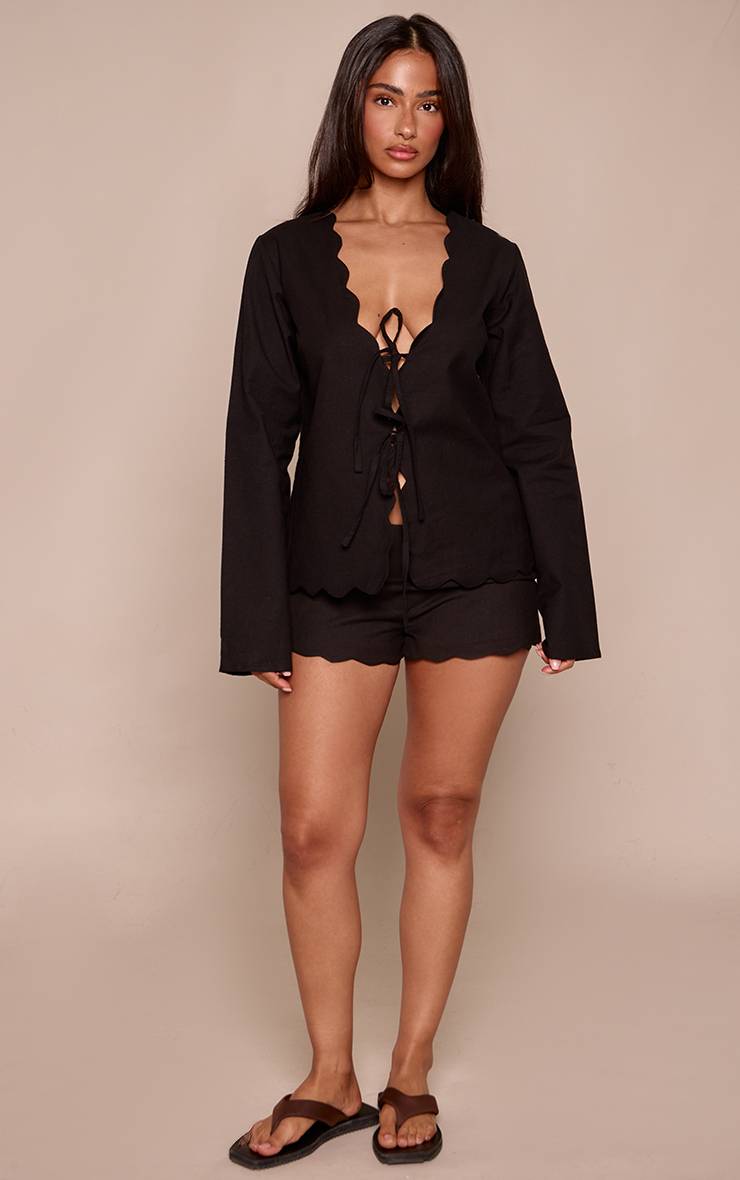 Noir Short Mini Coordonné À Bords Festonnés Effet Lin Petite