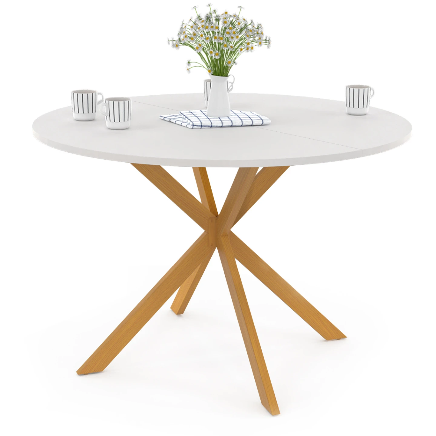 Table à manger ronde GISELE 6 personnes pied araignée bois plateau blanc 110 cm