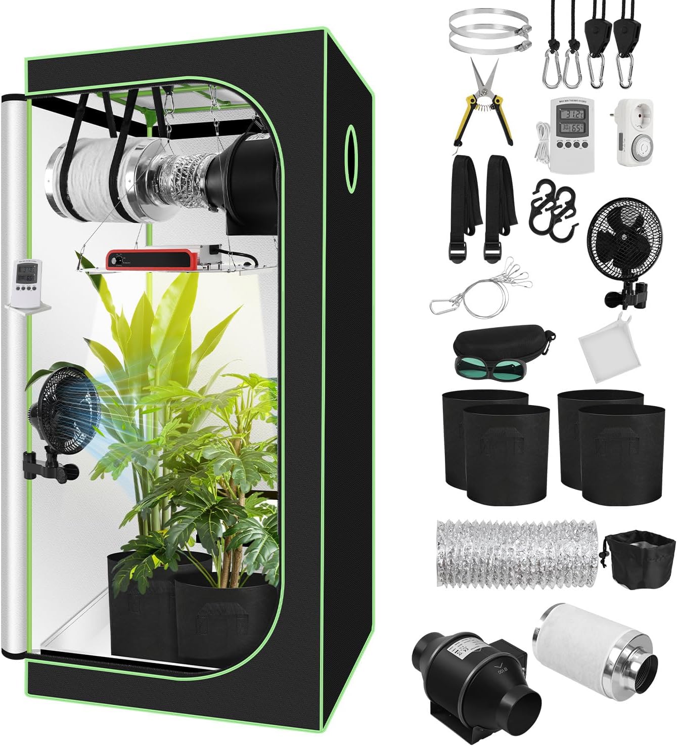 Growzelt Komplettset 80x80x160cm mit 200W Flach LED Grow Lampe, Belüftungssystem mit Aktivkohlefilter, Indoor Pflanzenzelt