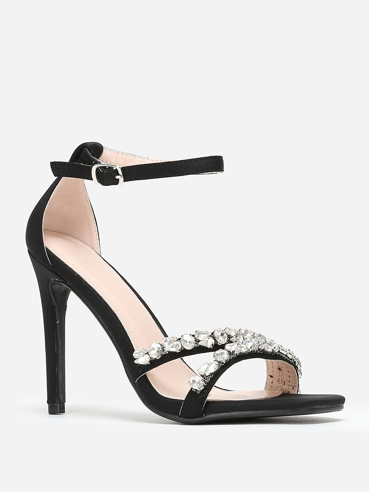 Sandales en tissu à strass et talon fin- Noir