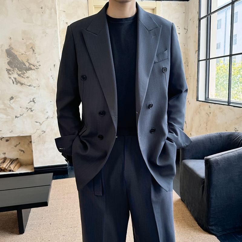 Orungeetun - Reverskraag Effen Dubbelrijs Blazer / Mid Rise Effen Wijde Broek