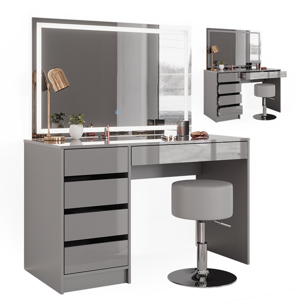 Vicco Schminktisch Frisiertisch Frisierkommode Sherry Grau LED-Spiegel Hocker 120x75 cm modern Schlafzimmer Kommode Schublade Ablage Aufbewahrung Kosmetiktisch Make-Up-Tisch Hochglanz