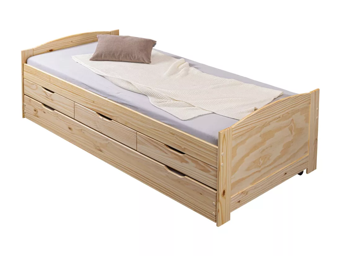 Lit gigogne 3 tiroirs en bois massif imitation chêne clair 90x200 - LT12006