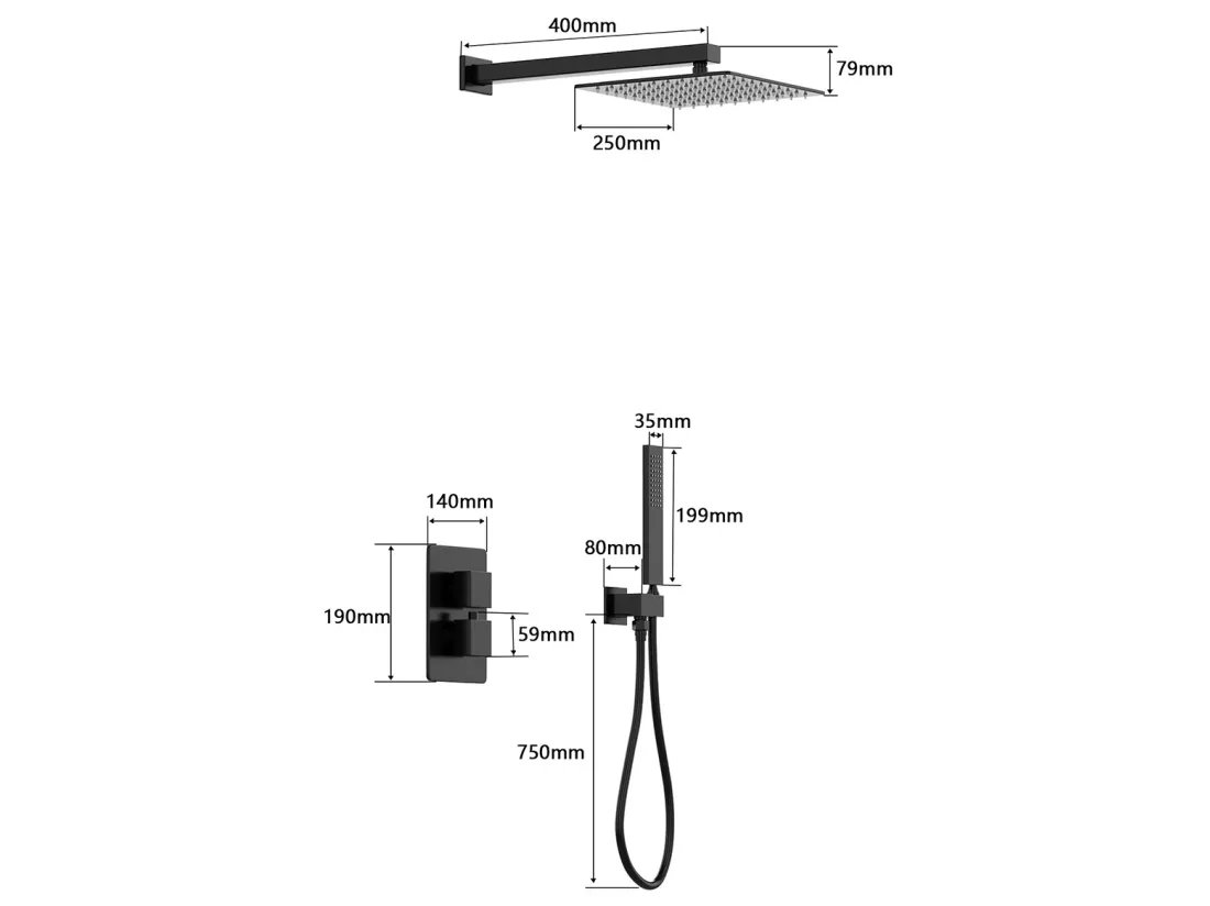 Ensemble de douche encastrable avec mitigeur thermostatique et support mural fixe - Noir mat - TEREK