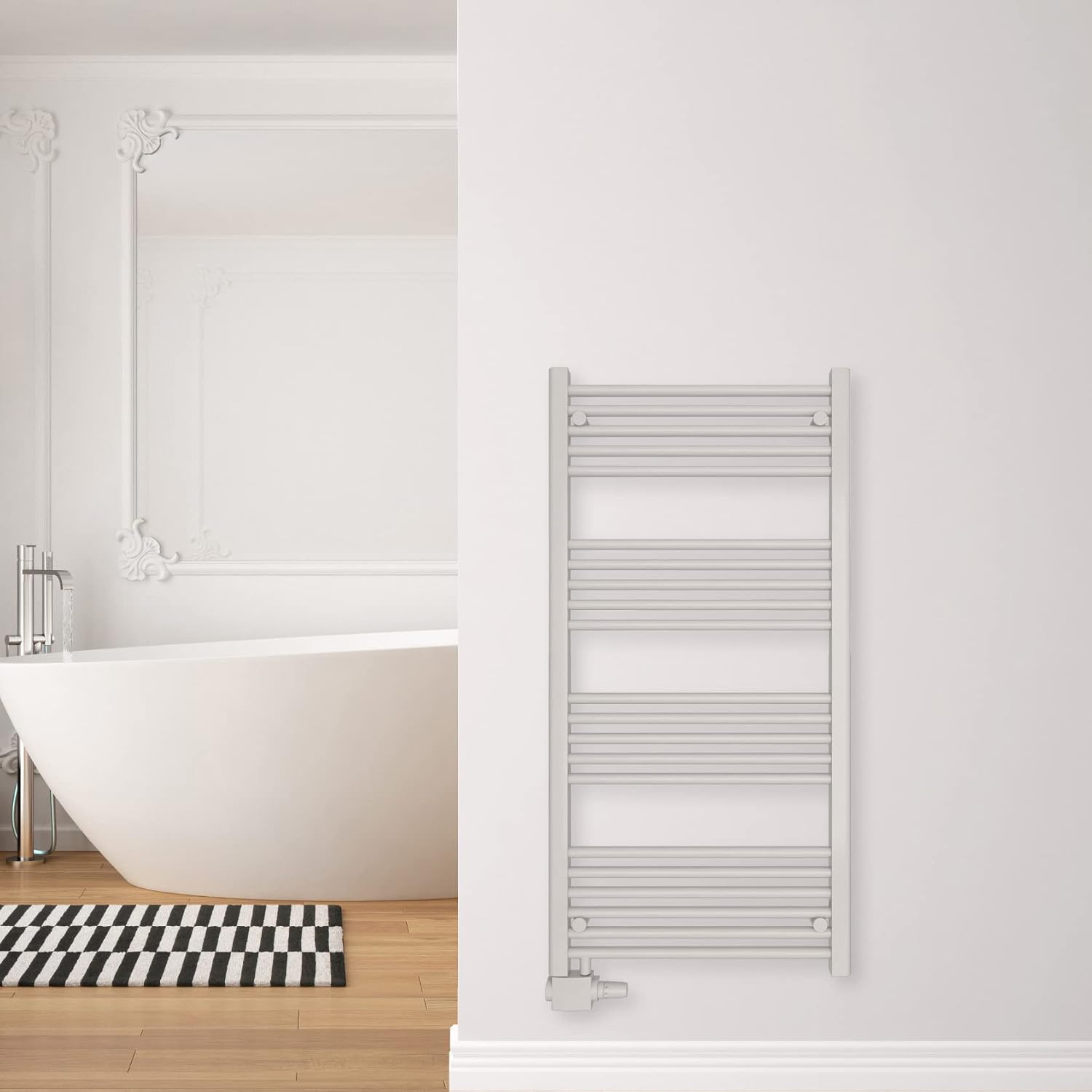 SHV Badheizkörper Pegasus mit Seitenanschluss in glänzendem Weiß - 600 x 1200 mm | Heizkörper für Badezimmer, Handtuchhalter für Wand im Bad, Handtuchheizkörper, Handtuchtrockner aus Stahl