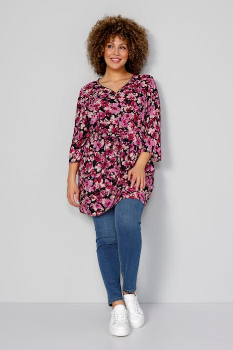 Tunika, Blumenmuster, V-Ausschnitt mit Zipper