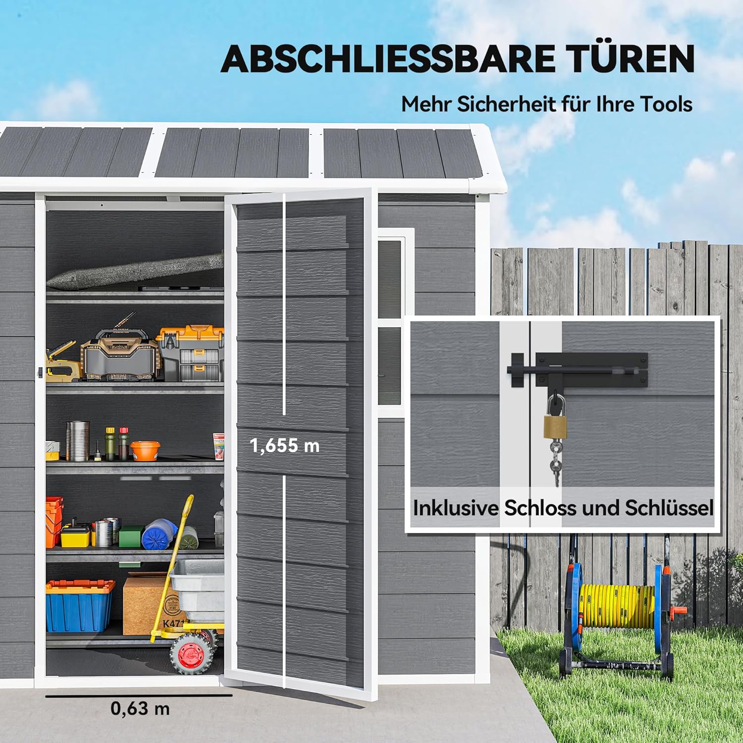 Outsunny Gerätehaus Kunststoff 2,1m² 186 x 130 x 199cm Geräteschuppen mit Satteldach Boden Fenster Abschließbarer Tür wetterfest Gartenhaus Outdoor Garten Schuppen für Hinterhof Grau