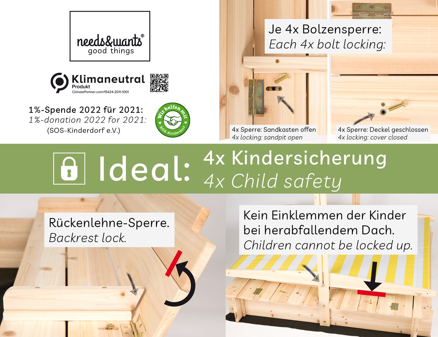 needs&wants® Zandbak met deksel, dak, deksel, bankje en voetstuk, houten zandbak, vierkant, afsluitbaar, uv-bescherming met bankje, buitentuin voor kinderen, spar, geel, wit, bruin