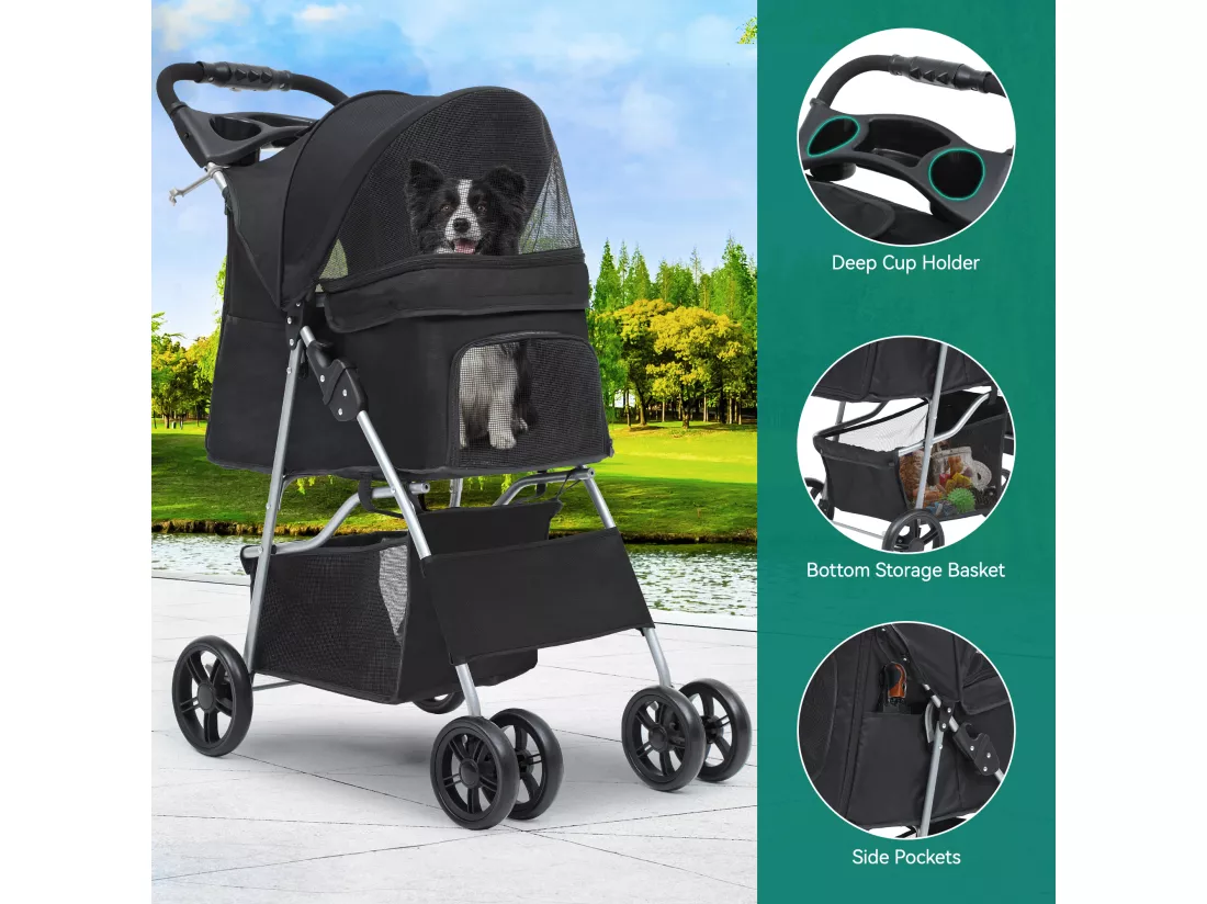 YITAHOME Poussette pour Chiens Petite et Moyenne Taille - 4 Roues avec Panier de Rangement - Pliable - avec Porte-Gobelet - Noir