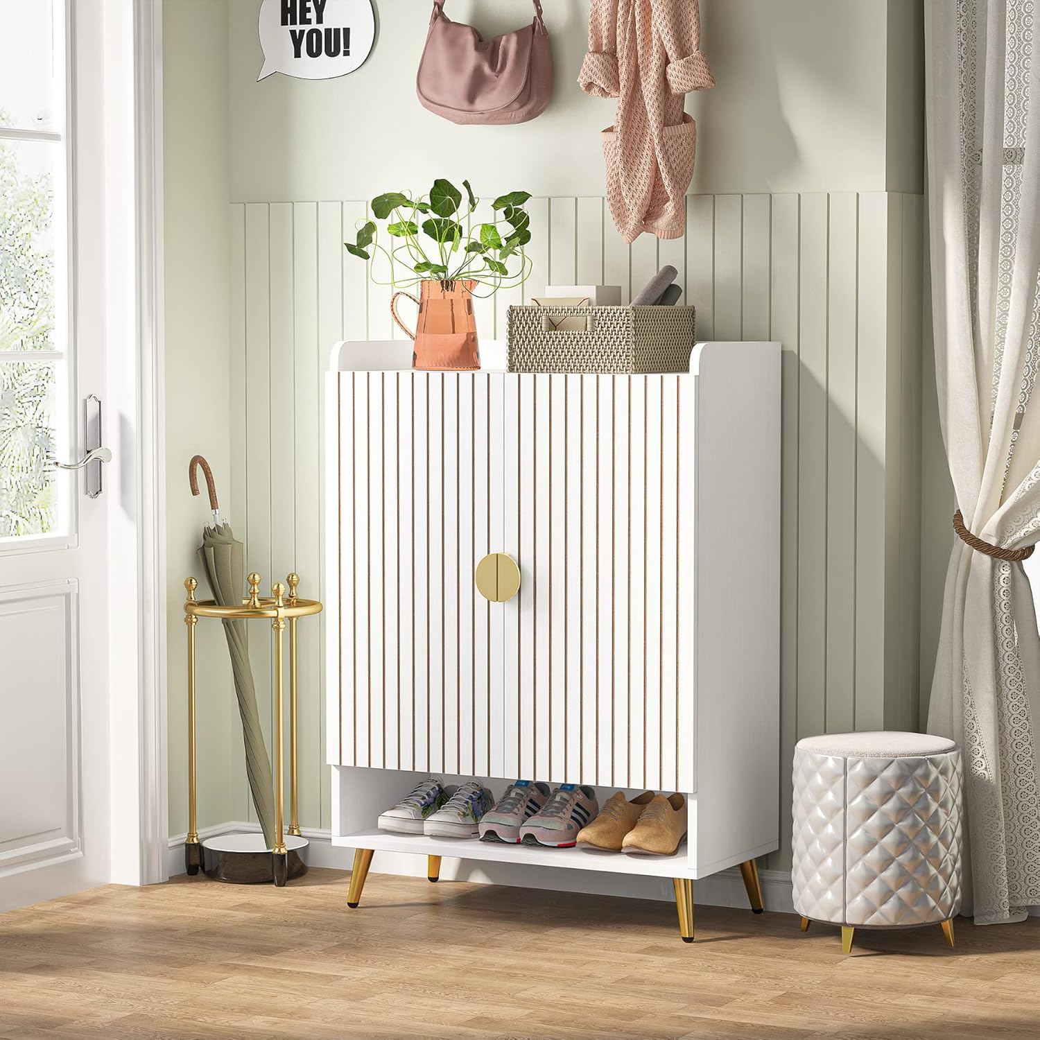 Tribesigns Schuhschrank mit 2 Türen, 75x 37x 110cm, Schuhkipper schmal,7-stöckig Schuhregal für 25 Paar Schuhe Regal für Eingang, Flurschrank,Wohnzimmer,weiß (Weiß)
