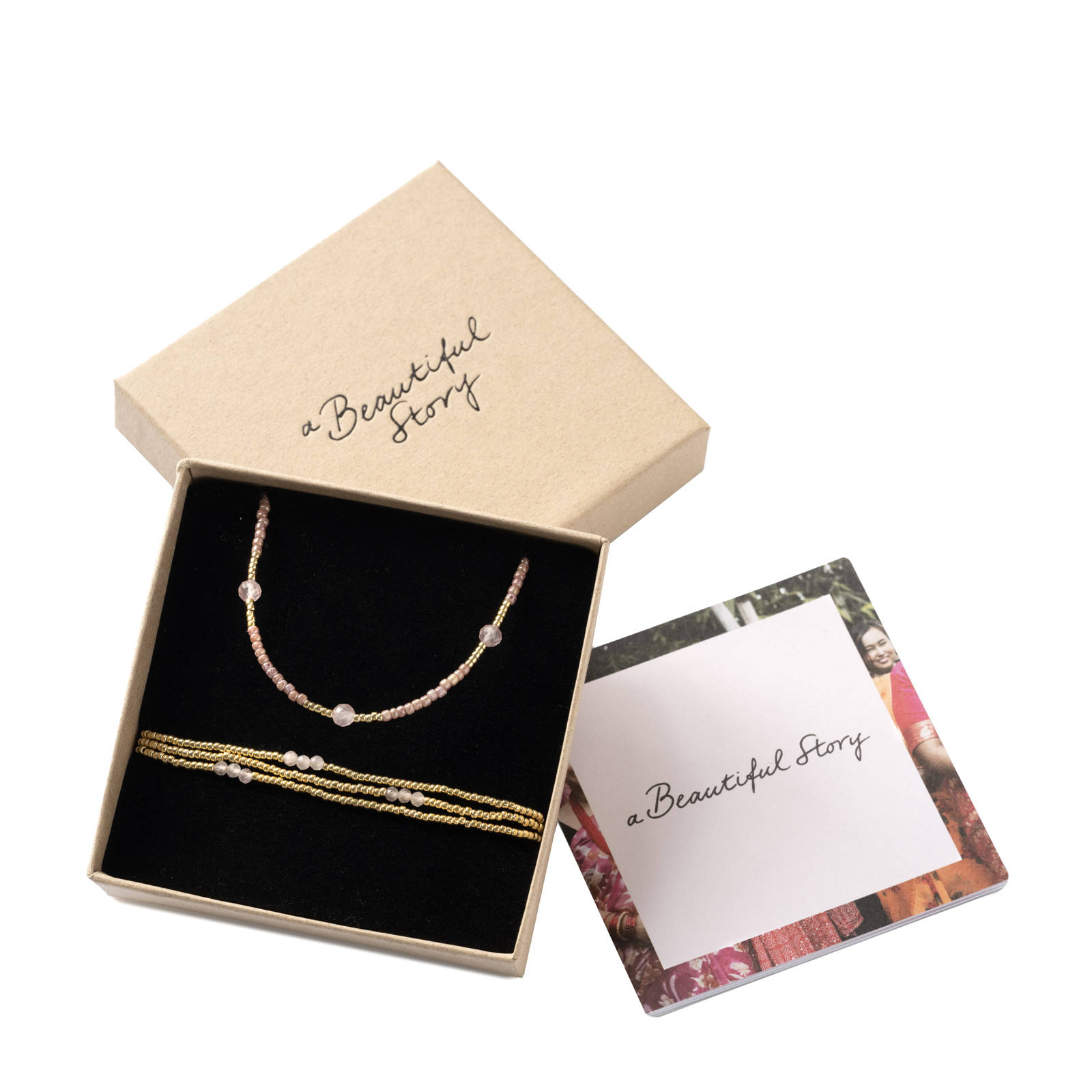 A Beautiful Story giftbox sieradenset Rozenkwarts goudkleurig