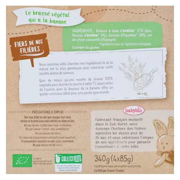 Sobremesas orgânicas à base de plantas Babybio em sachê, aveia e banana mexidas, +6 meses, 4 x 85g