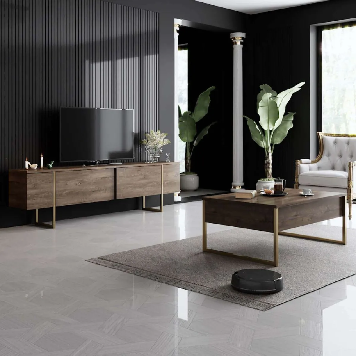 Hanah Home Meuble TV Noyer Doré