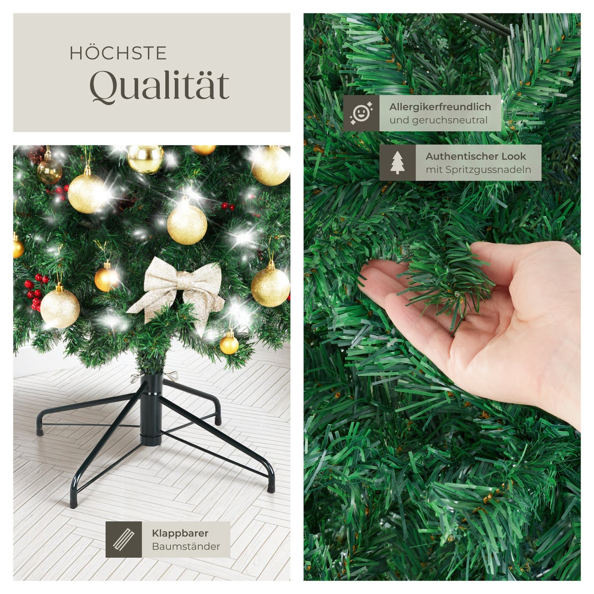 Kerstboom tectake Comet, diverse maten, kunstmatig in groen, met dichte naalden, gepoedercoate metalen standaard met kunststof doppen