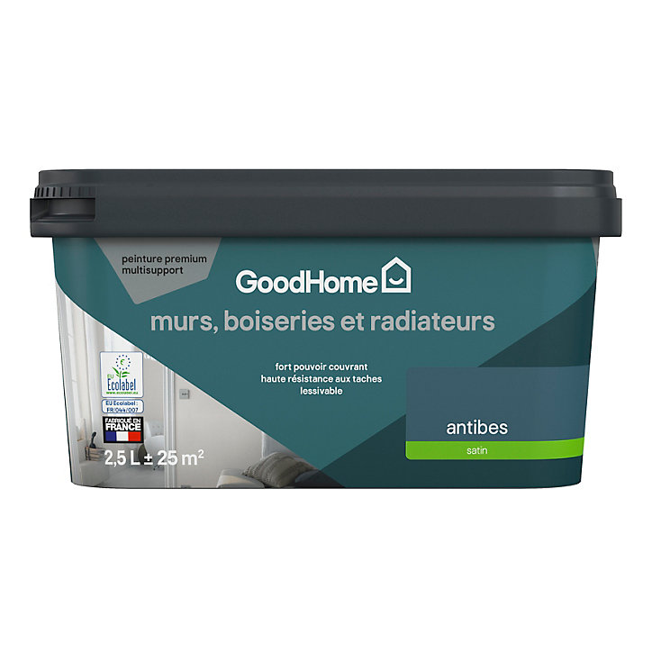 Peinture intérieure couleur murs, boiseries et radiateurs GoodHome satin antibes bleu 2.5L
