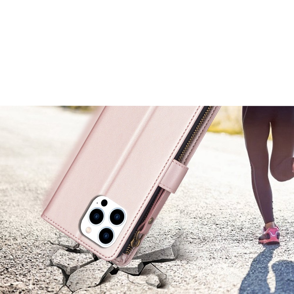 iPhone 15 Pro Leder Wallet Etui Tasche mit 9 Kartenfächern   Münzfach - Roségold