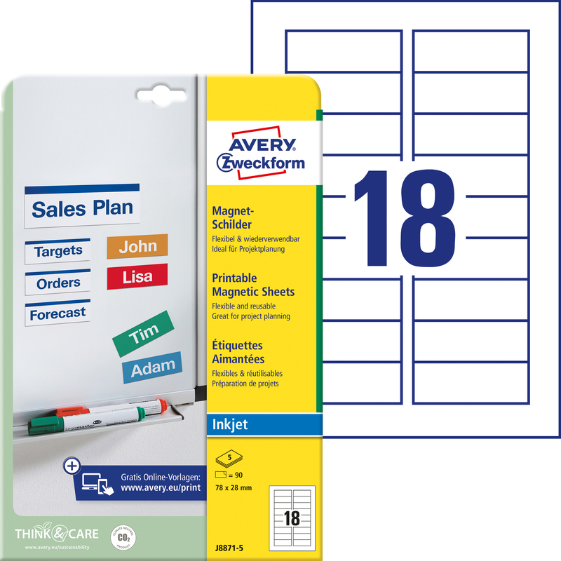 Avery Zweckform Magnetschilder für Tintenstrahldrucker, 78 x 28 mm, weiss, 90 Stück