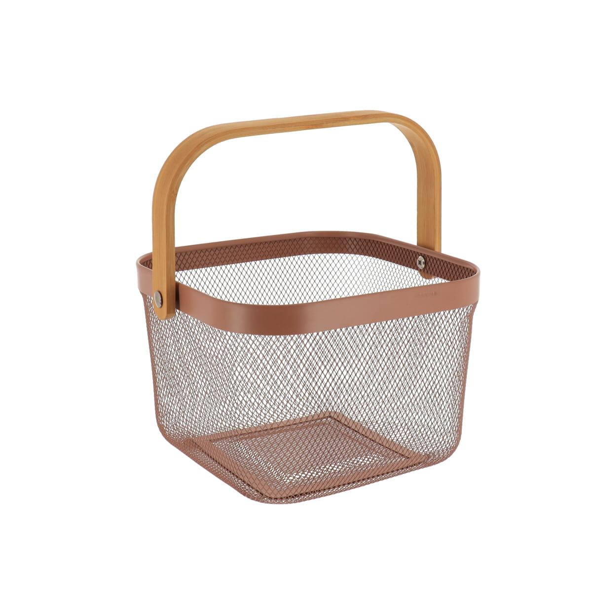 PANIER DE RANGEMENT CARRE METAL POIGNEE BAMBOU CARAMEL