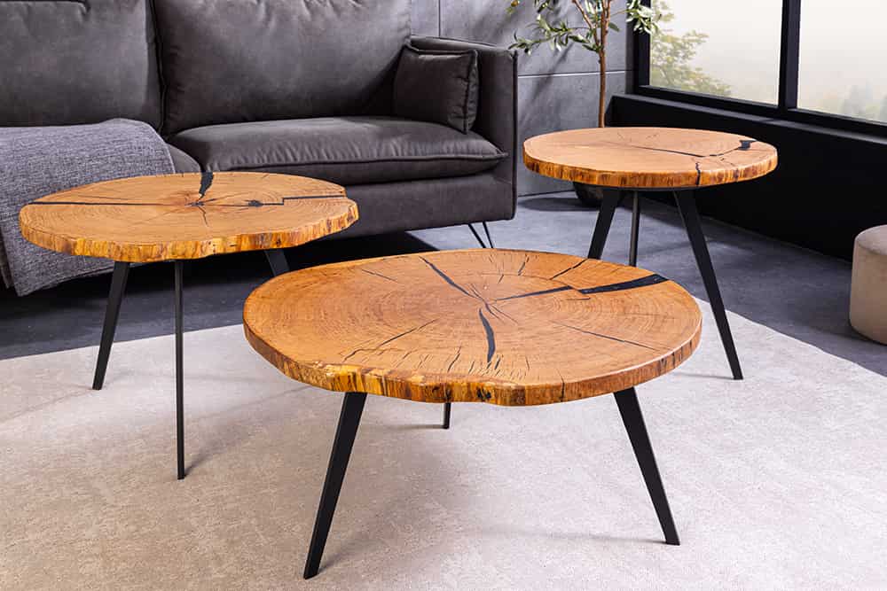 Runder Couchtisch ARBOR 55cm natur Eiche Massivholz schwarz Metall Beistelltisch