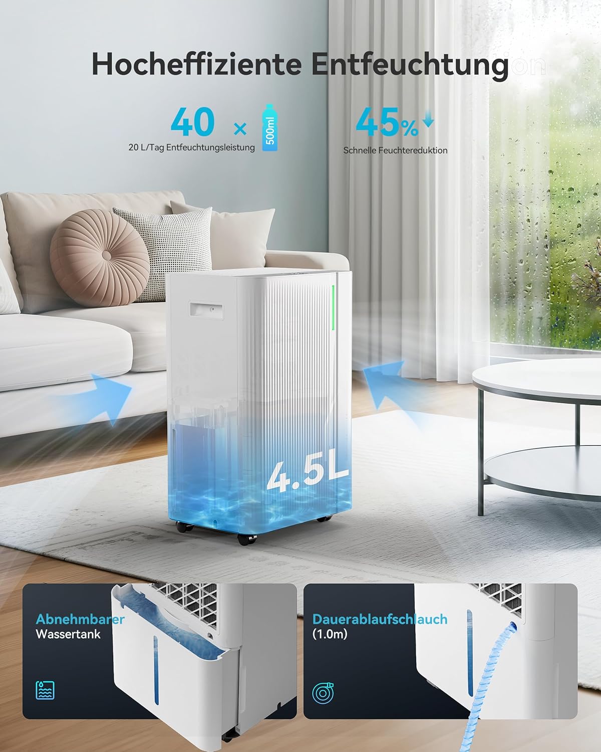 EUHOMY Luftentfeuchter 20L/Tag, Elektrischer Luftentfeuchter Keller mit Ablaufschlauch, Stromsparende & Leise Entfeuchter mit Automatisches Abtauen,Timer, Dehumidifier für 150m³/50m² Wohnung