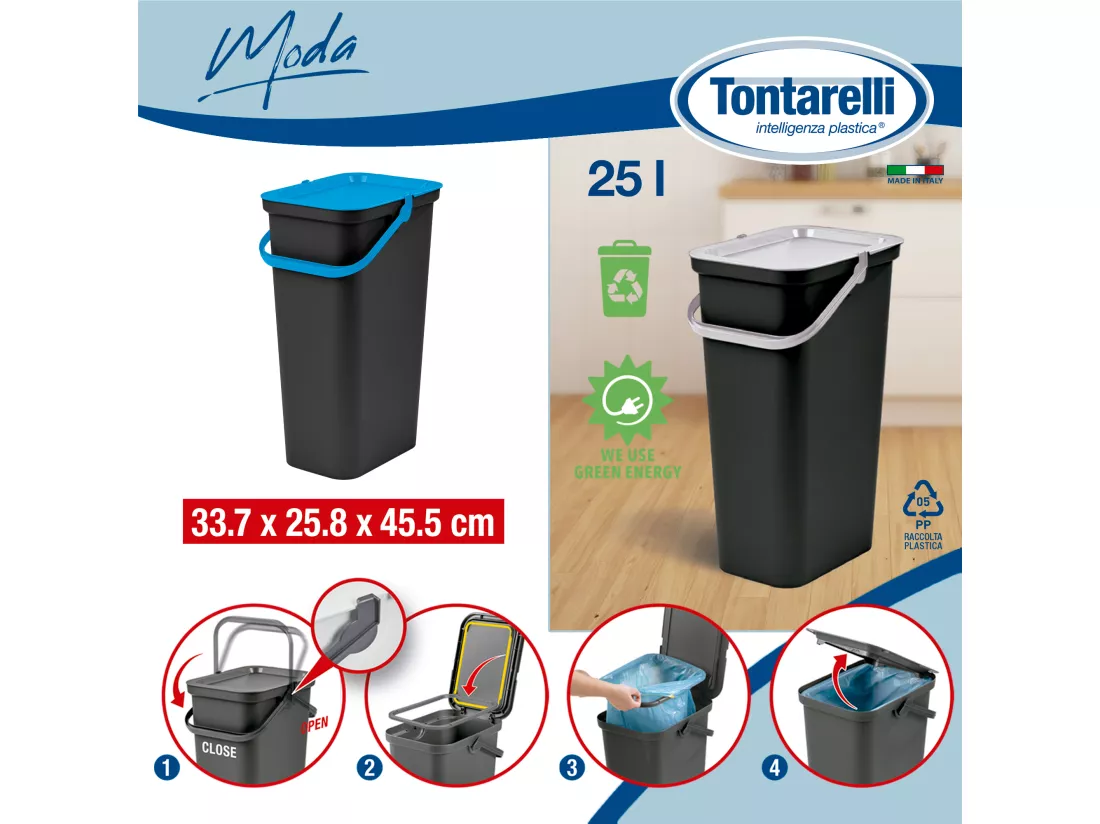 Set de 2 poubelles 25L bleu et noir avec poignée