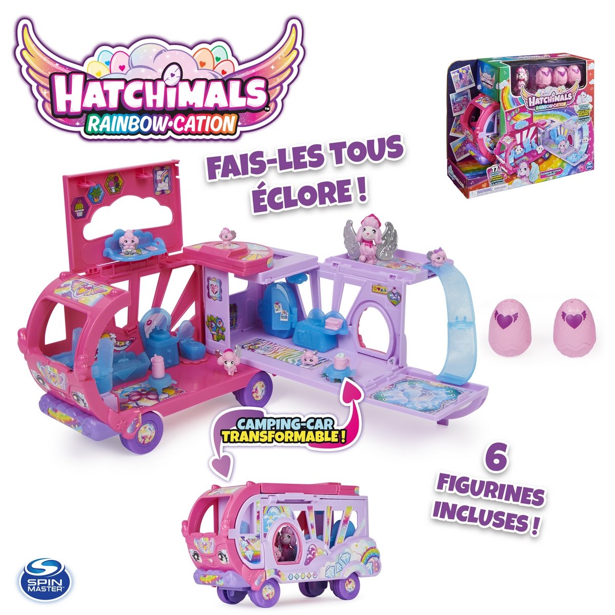 Playset Hatchimals Camping Car arc-en-ciel Famille Surprise