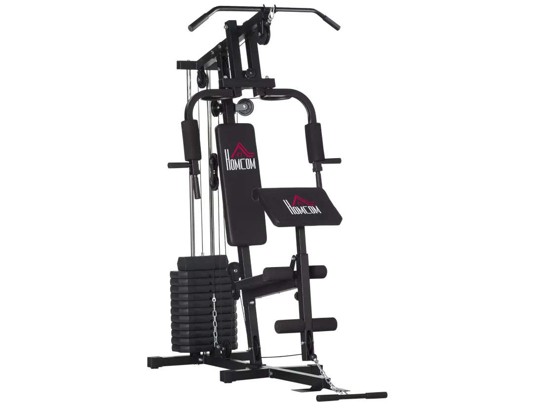 Station de musculation - entrainement complet - développé couché, butterfly, barre latissimus, curler, bande résistance - 11 contrepoids - acier noir