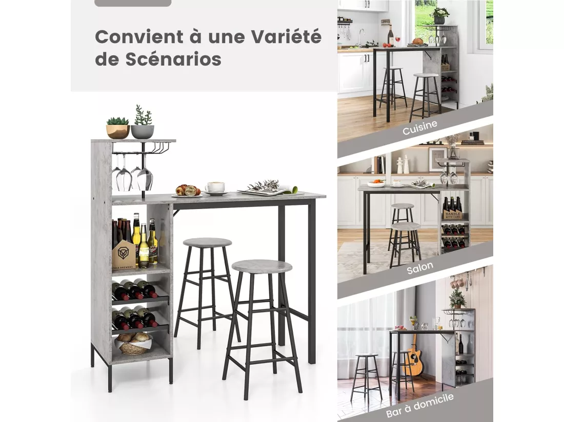 Table Haute Cuisine avec Tabouret, avec Porte-Verre Porte-Bouteilles, Table Bar avec Tabouret 2 Personnes Compact, Gris