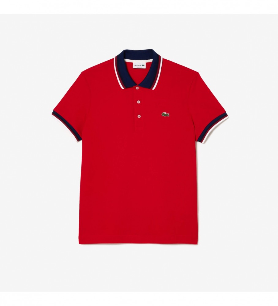 Polo masculina Lacoste de corte regular em piqué de algodão elástico com gola vermelha contrastante.