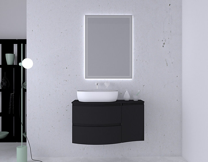 Ensemble Vague L.104 cm meuble sous vasque noir mat à suspendre + plan de toilette + complément droit