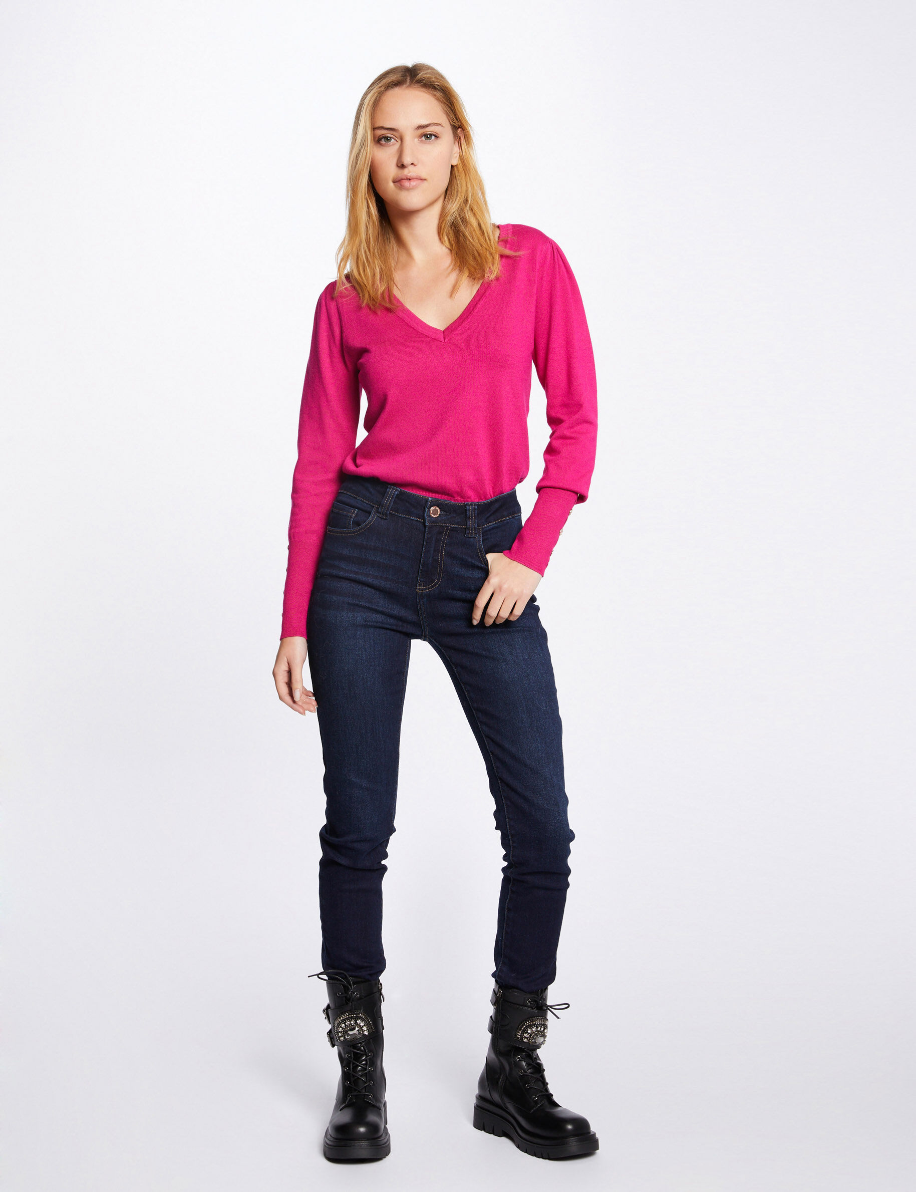 Pull manches longues avec col en V rose fonce femme - rose_fonce