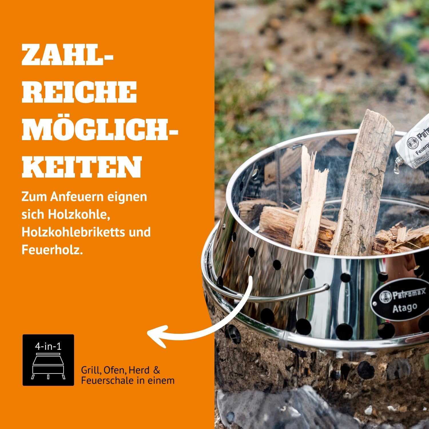 Petromax Atago Grill - Tischgrill für den Einsatz beim Camping, im Garten oder Balkon - ideal zum Grillen, als Ofen oder Feuerschale - Picknick Grill mit Kohle- und Grillrost - Edelstahl