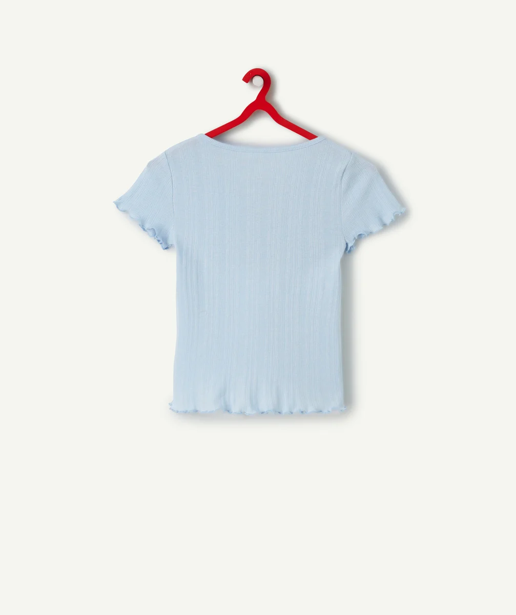 T-SHIRT TRICOT MANCHES COURTES FILLE EN COTON BIO BLEU ET CÔTELÉ