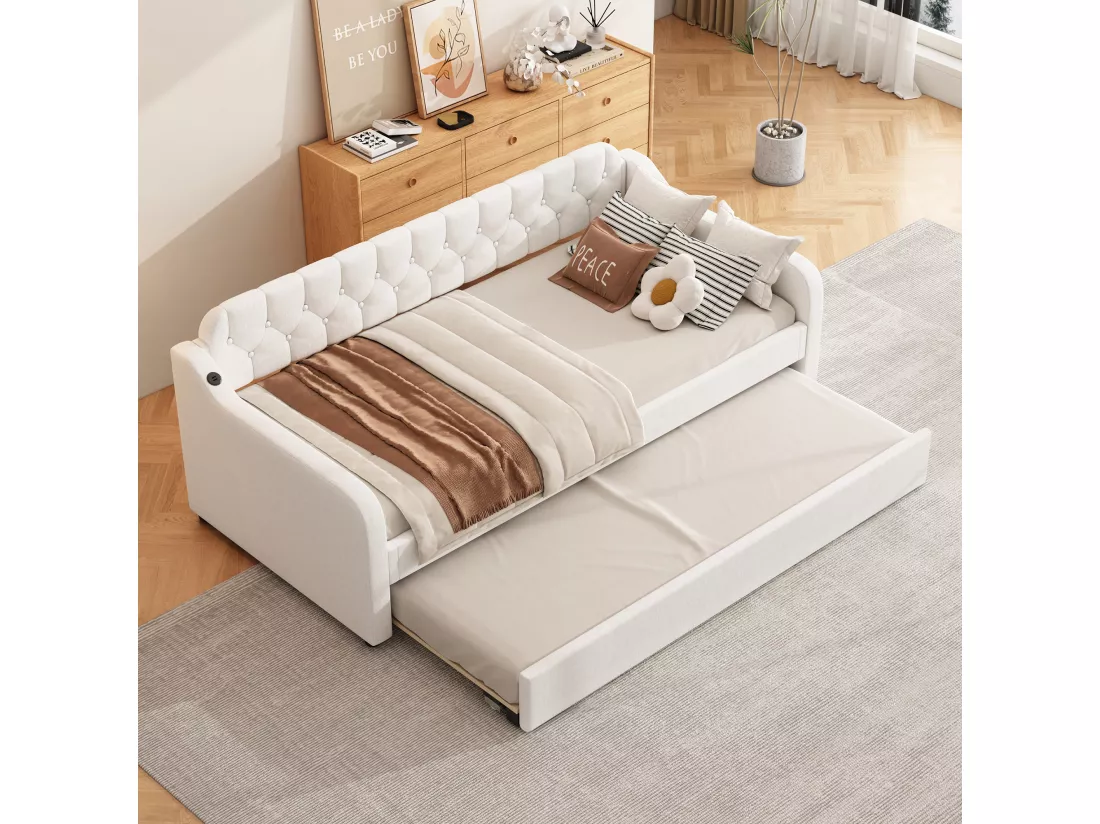 Lit gigogne 90/180x200cm, canapé lit extensible, méridienne avec port USB, sans matelas, beige
