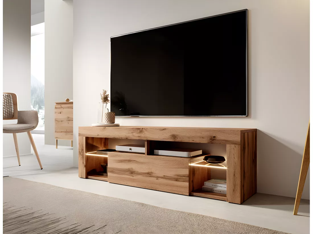 Meuble TV / Banc TV (140 cm, chêne lancaster, éclairage LED) - BIANKO