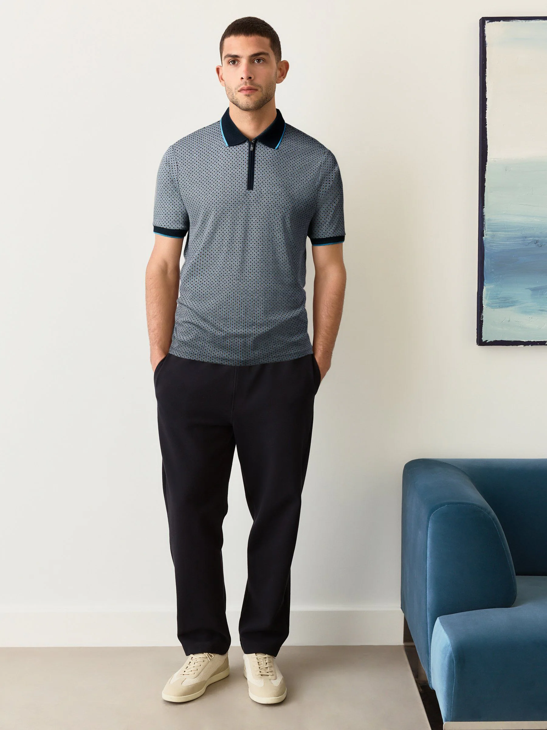 Blue marineblauw met geometrisch motief - Pattern Quarter Zip Polo Shirt