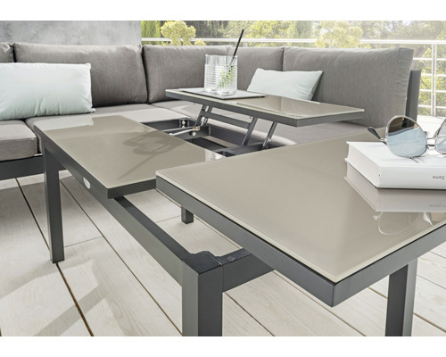 Destiny 4-zits loungeset bestaande uit: 1 hoekmodule, bijzettafel, tafel inclusief kussens, aluminium antraciet
