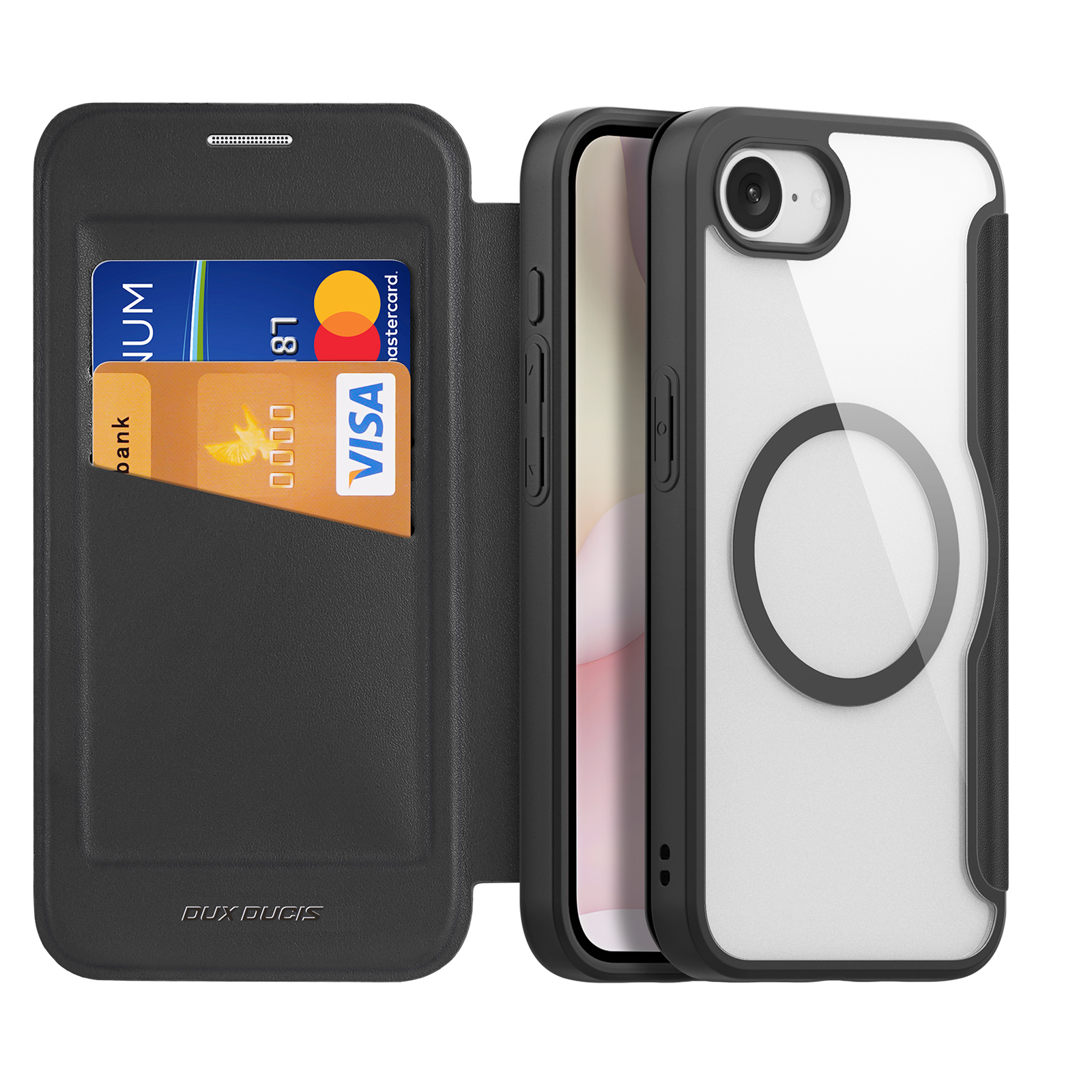 iPhone 16e MagSafe Hybrid Leder Tasche   Kunststoff Rückseite - Schwarz / Transparent