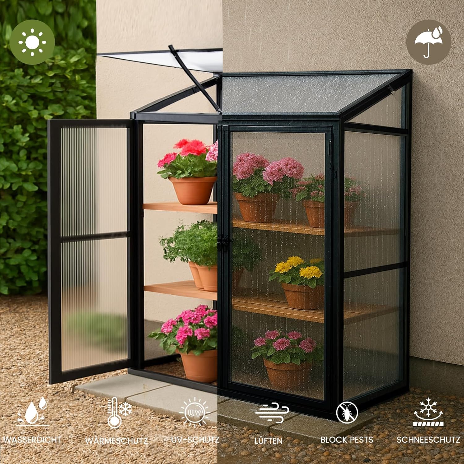 Aluminium Anlehngewächshaus Beistell Tomatengewächshaus klein Gewächshaus Doppeltür Treibhaus 140x55X130 cm schwarz