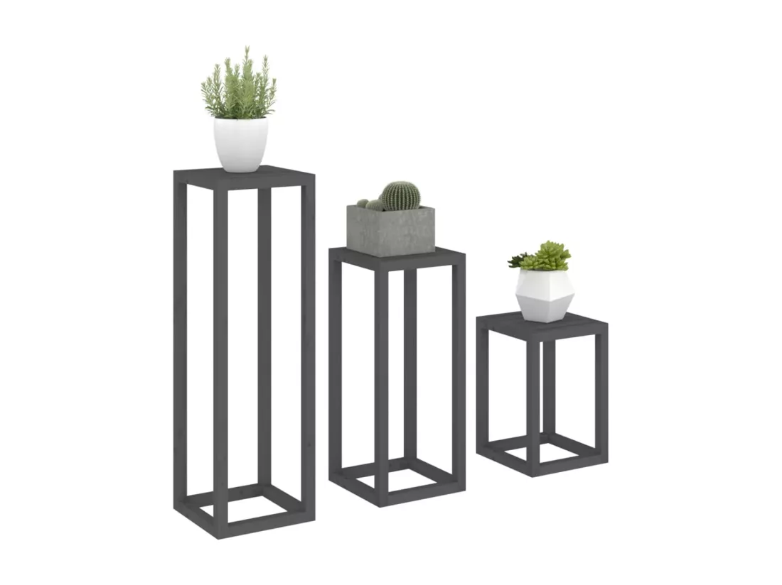 Ensemble de supports pour plantes 3 pcs Gris Bois de pin massif