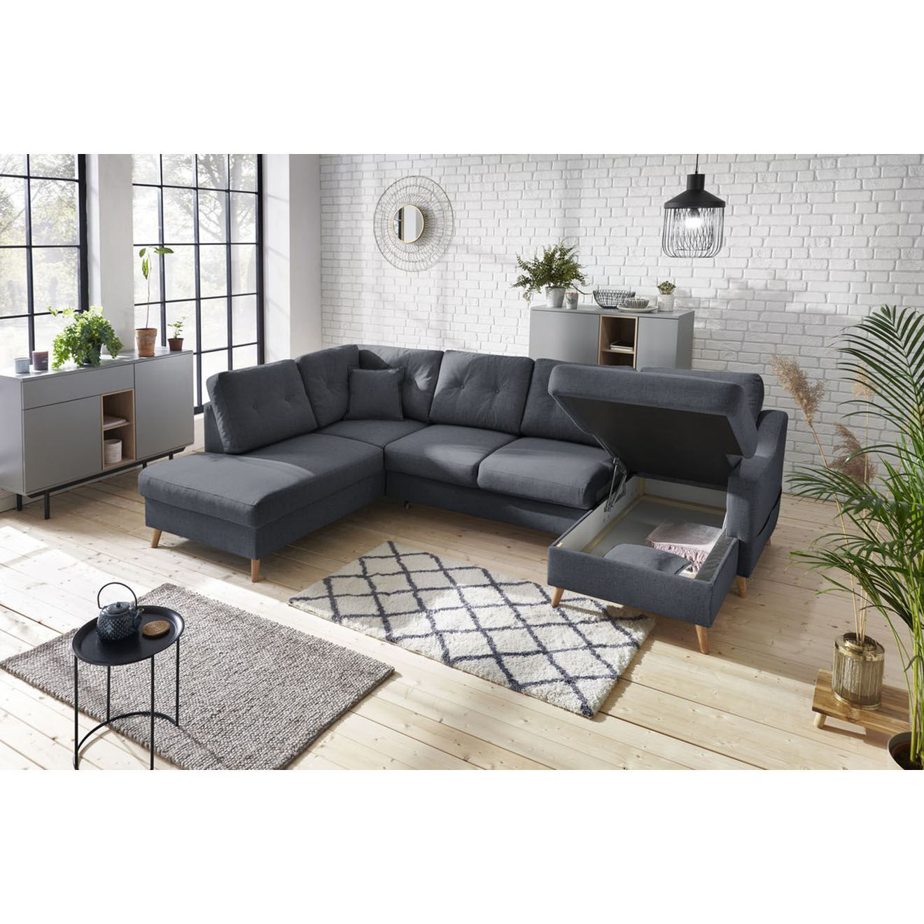 Bobochic Canapé d'angle panoramique convertible droit Sweden bleu foncé - 300x149/90/198x95 cm