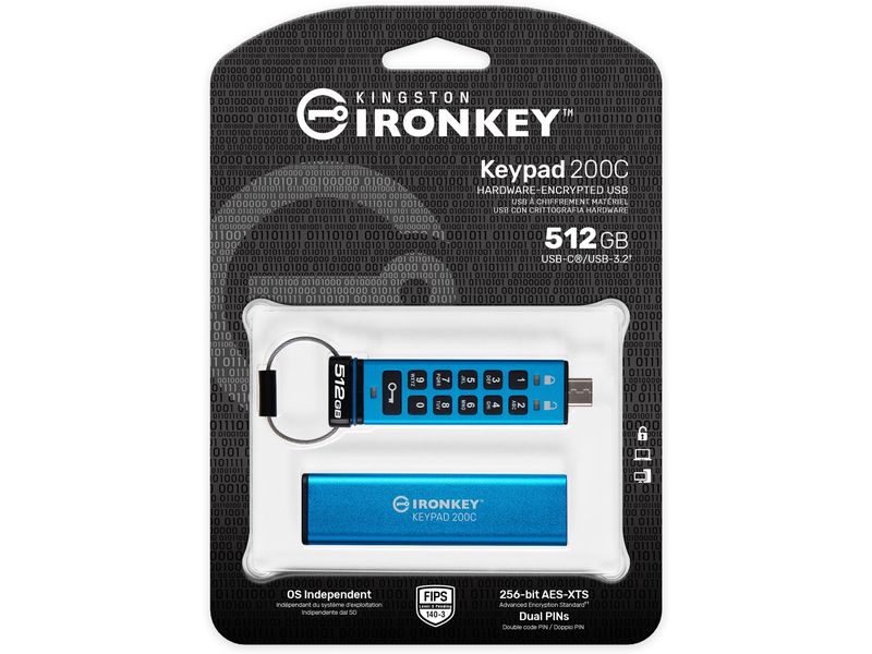 Kingston USB-Stick IronKey Keypad 200C 512 GB Verschlüsselter USB Typ-C Stick mit Tastatur