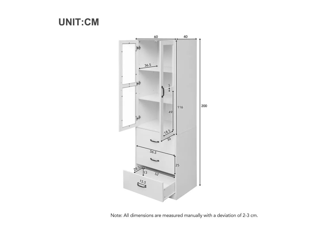 Vitrine avec 3 tiroirs et 2 portes vitrées - LEDs - Bois en MDF - laqué blanc - 60 x 40 x 200 cm