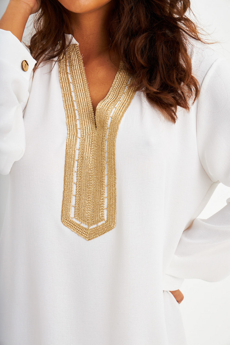 ABAYA blanche décolleté V broderie dorée