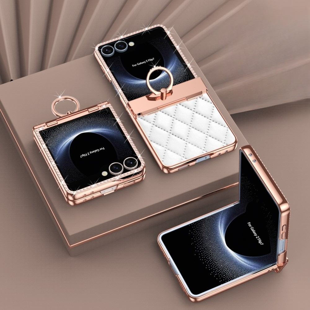 Samsung Galaxy Z Flip7 Hardcase Hülle Finger Griff Ring Halterung Glitzer Design   Scharnier Design - Schwarz / Roségold