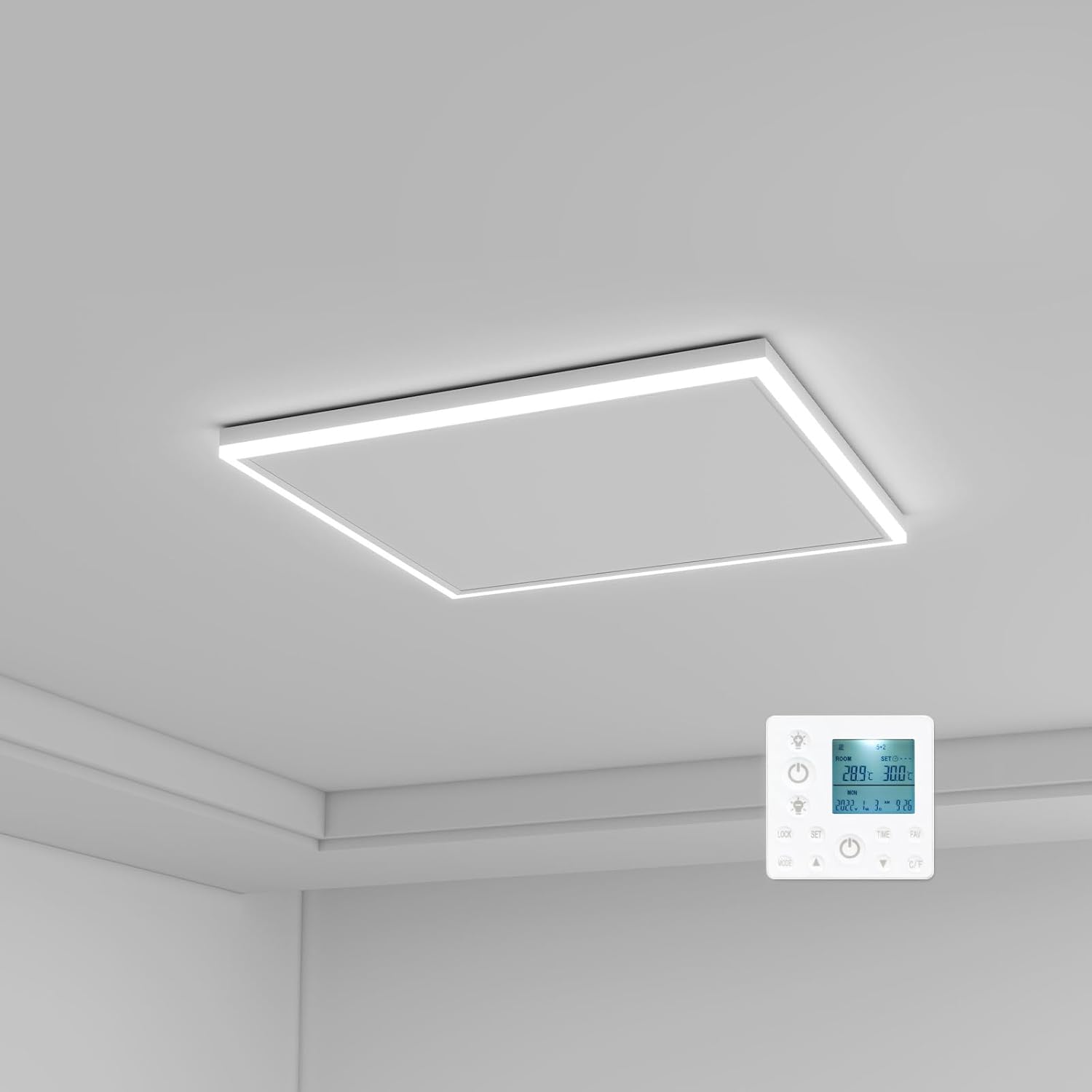Infrarotheizung Deckenmontage 400 Watt, Infrarot Deckenheizung mit LED Licht Beleuchtung, Infrarotheizung Decke mit Thermostat Fernbedienung, Elektroheizung Heizplatte Heizpaneel Heizkörper 65,5x63cm